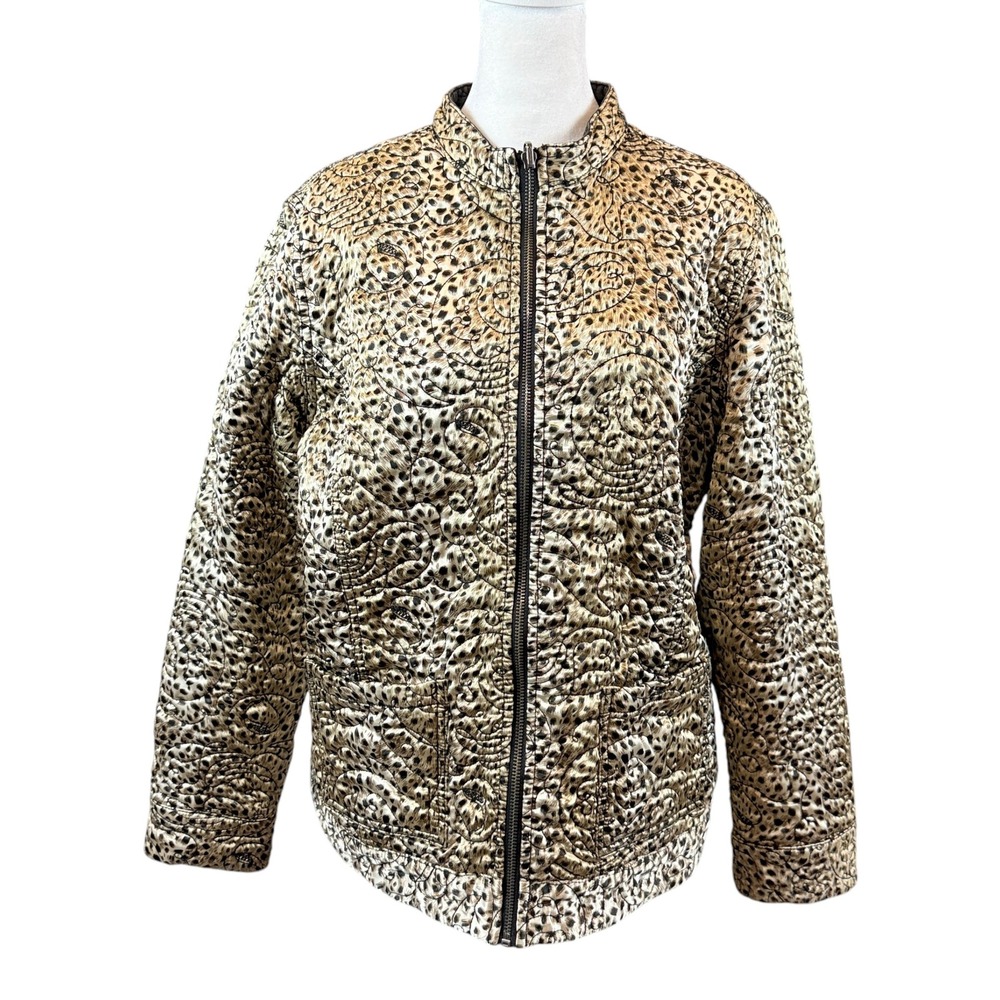 Chico's Reversible Quilted Jacket Women Size 2 Gold Leopard Gray Full Zip Mock